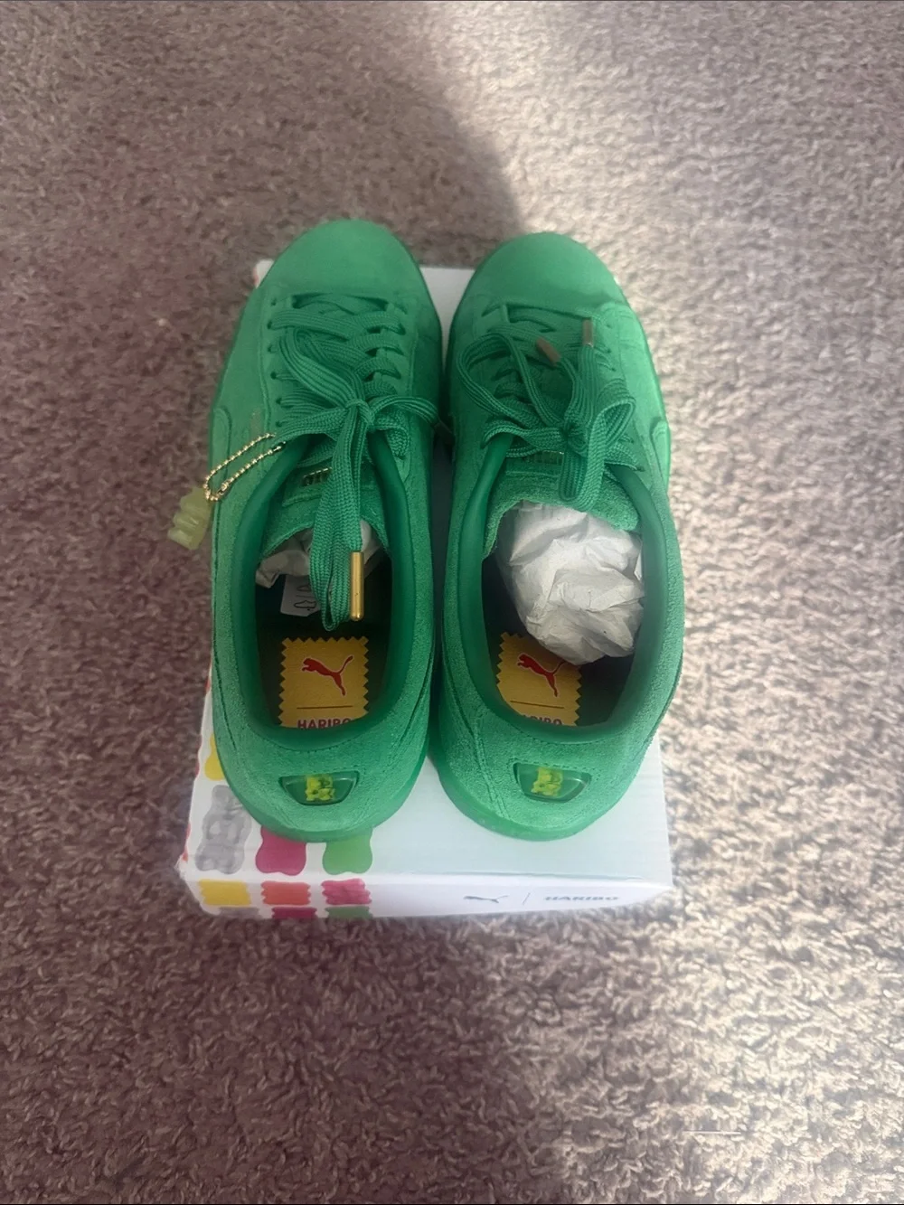 Puma Kids Suede Sneakers in Bright Green with Gold Accents Haribo Collaboration